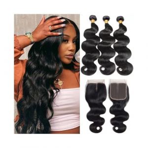 Extensions de cheveux Extensions de cheveux humains Body Wave avec fermeture 4x4, double trame, ligne de cheveux naturelle, Remy Hair, avec fermeture en dentelle Faisceaux de cheveux humains(10 12 14 (wangjianjunmeiguo, neuf)