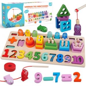 Jouet Bebe 1 2 3 Ans, Jeux Montessori 1 An, Cadeau B&eacute;B&eacute; Jouet P&ecirc;chea la Ligne Enfant 2 3 4 Ans, 7 en 1 Jeu Educatif en Bois Puzzle &agrave; Empiler Num&eacute;rique Puzzles en Bois Table Activit&eacute; B&eacute;b&eacute; Gar&ccedil;on Fille (Dinaspc, neuf)