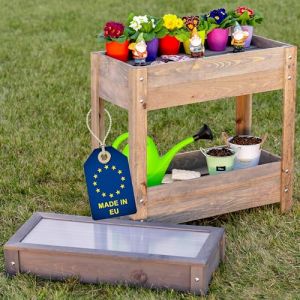 ITA Carr&eacute; Potager sur&eacute;lev&eacute; en Bois - Mini Serre Ch&acirc;ssis Incluse - 2 Jardini&egrave;res sur Pied avec Feuille de Protection - pour Fleurs, l&eacute;gume, Herbes - Gris (ITA HOME AND GARDEN, neuf)