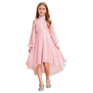 Freebily Asymétrique Robe De Mariage Soirée Princesse Fille Enfant Robe Licou de Cocktail Nouvelle Année Concours De Beauté Ecole Volants Strass Diamants Rose 7-8 Ans (MissPretty, neuf)