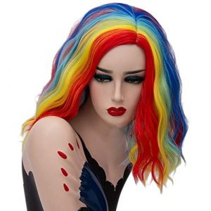 LINLINCD 35,5 cm Court ondulé Coloré Arc-en-ciel Perruque Cheveux Synthétiques Halloween Costume Anime Cosplay Orange Ombre Fête Perruques pour Femmes Couleur Arc-en-ciel (qiu lai shan mao hang, neuf)