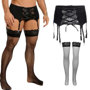 ohyeahlady Porte Jarretelle Homme Ensemble String Porte jarretelle Bas résille Autofixant Lingerie Dentelle Homme String Jockstrap Tenue Club Libertin Bretelles Large(XL,Noir+Bas) (ohyeahlady, neuf)