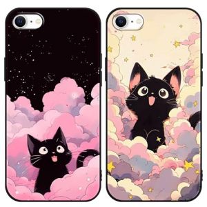 Yimctoie 2 Pi&egrave;ces Coque pour iPhone 7/8/SE 2020/SE 2022 4,7",Mignon Kawaii Noir Chat Aesthetic Art &Eacute;toile Nuages Roses Motif Cute Cat Animal Cover,Antichoc Protection Silicone TPU Souple Phone Case (JOSS SKELTON, neuf)