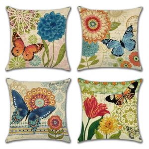 Serento Housse Coussin 40x40 Lot de 4 Canapé Taie d'oreiller Motif Fleur Colorées et Papillons Été Printemps Décoratif Taie d'oreiller en Lin pour Chambre, Canapé, Chaise, Lit, Extérieur, Jardin (KOOOLET EU, neuf)
