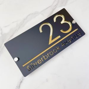Plaque de numéro de maison en plein air, design suspendu plaque de numéro de maison personnalisée, plaque de nom de rue 3D découpée au laser acrylique moderne (noir et or) (home decoration art, neuf)