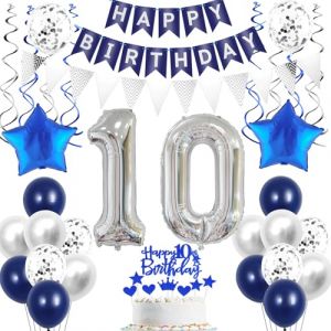 Décoration Anniversaire 10 Ans Garçon Fille - Ballons Argent Bleu et Décoration Gâteau (Crazy-M, neuf)