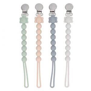 Chaîne de Tétine pour bébé, 4 Pièces, Chaîne de Tétine pour bébé, Empêche le Serrage Ferme, Attache-sucette en Silicone Souple Blanc Gris Vert Rose, Porte-attache-sucette (XUZHANGLIN, neuf)