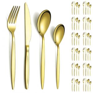 Evanda Ensemble de couverts or 48 pi&egrave;ces pour 12 personnes, couverts en acier inoxydable plaqu&eacute; or titane, couteaux fourchettes cuill&egrave;res couverts pour mariage, f&ecirc;te, lavable au lave-vaisselle. (Shenzhenshi Yiwangda Jiajuyongpin Youxiangongsi, neuf)