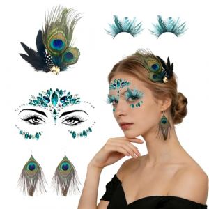 IWTBNOA Costume de paon pour femme - Lot de 4 barrettes &agrave; cheveux en plumes de paon - Boucles d'oreilles en plumes de paon - Strass - Visage r&eacute;tro des ann&eacute;es 20 - Accessoires pour carnaval, Halloween (AFELER, neuf)