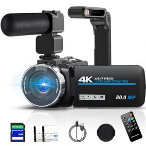 Caméscope 4K 80MP HD Caméra Vidéo pour YouTube, 30FPS Webcam à Vision Nocturne IR Caméra, Zoom Numérique 18X de à Écran IPS 3.0 270° Vlogging Camera avec Carte SD,2 Piles,Télécommande et Stabilisateur (Suncail Trade EU, neuf)