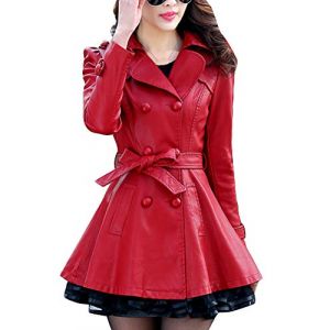 Femme Manteau d'hiver Long Veste en Faux Cuir Doubl&eacute; Polaire Trench-Coat Mince en Cuir PU Blousons Manteau avec Ceinture Polaire Rouge 3XL (ZhangYi EU, neuf)
