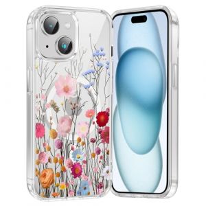 Saqmkil Coque Magn&eacute;tique pour iPhone 15 6,1", Compatible avec MagSafe, Aesthetic Motif Fleur Dessin Fille Etui, Transparente Souple Silicone TPU Bumper Case Antichoc Protection Housse Cover, Rose 2 (HEILALA VANILLA, neuf)