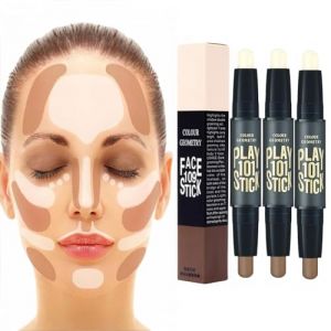 Illuminateur Contouring,Contouring Stick,Bâton Surligneur,Makeup Contouring,Illuminateur Contouring,Correcteur Stick de Contouring,Outil de Maquillage à Double Tête (Blanc Ivoire + café clair-3pcs) (QiaoQiHOUSE, neuf)