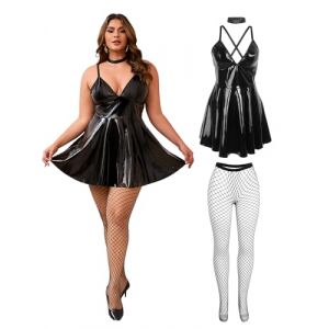 ohyeahlady Robe Sexy Cuir Vernis Erotique Club Libertin Grande Taille Collant Resille Mini Robe Moulante Courte Decollecte Soiree Tenu Curvy Ensemble Lingerie Deguisement Verni Noir+Bas,M (ohyeahlady, neuf)