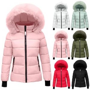 Doudoune pour femme avec capuche en fausse fourrure - Manteau d'hiver chaud avec poches - Fermeture &eacute;clair - Rembourr&eacute; - Pour l'ext&eacute;rieur, # Rose, L (YGERGWE, neuf)