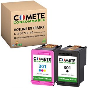 COMETE, fabriqué en France - 301-2 Cartouches d'encre Compatibles avec HP 301 - pour HP Envy 4520 5530 DeskJet 1510 3050 OfficeJet 2620 2622 - sans Affichage du Niveau d'encre (Noir et Couleur) (comete consommable, neuf)