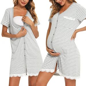 Uniexcosm Chemise Nuit Allaitement Maternité Coton Robe de Nuit Femme Enceinte Col en V Manches Courtes Devant Ouvert Chemise de Nuit Femme Grossesse A-Rayures Gris Clair S (JingLong-EU, neuf)