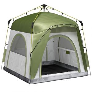 Outsunny Tente de Camping, Tente Pop up d&ocirc;me familiale 4 Personnes, avec 4 Portes 4 fen&ecirc;tres Sac de Transport Inclus pour Le Camping randonn&eacute;e Vert Gris (Aosom FR, neuf)