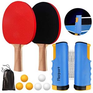 FBSPORT Raquette de Ping Pong Set Professionnel Raquettes de Tennis de Table avec Filet + 2 Raquette de ping-Pong + 6 Balles +1 Sac de Transport Ping Pong Kit pour Adultes Enfants Intérieur Extérieur (LK-KUDAMZ, neuf)