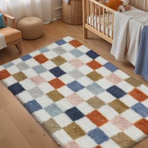 HUGEAR Tapis Salon Shaggy Damier Tapis Chambre Adulte Fille Doux Moelleux Descente de lit AntidéRapant Moderne Grand Tapis Multicolore Blanc 120×180cm Decoration Chambrel (RONGBEN, neuf)