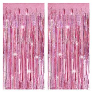 2pcs Rideaux d'anniversaire &agrave; Paillettes Roses, Rideaux &agrave; Pompons Brillants avec Lumi&egrave;re Laser Pluie 1 * 2m, Adapt&eacute; pour Mariage Anniversaire F&ecirc;te de Vacances Sc&egrave;ne Fond Brillant (Funver, neuf)