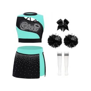 ranrann Enfant Fille D&eacute;guisement Pompom Girl D&eacute;guisement Uniforme avec Pompons Costume Carnaval Halloween Performance 3-16 Ans C Bleu vert noir 13-14 ans (ranraneu, neuf)