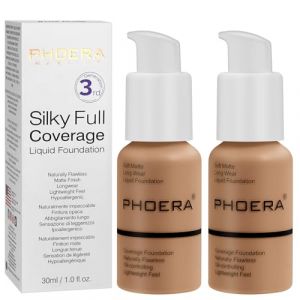 PHOERA Fond de Teint,PHOERA Foundation,imperm&eacute;able Professional Makeup Fond de Teint Liquide Couvrant Tenue 24h - Matte & Poreless Finish (2pcs- 106 - Warm Sun) (PHOERA Beauty, neuf)