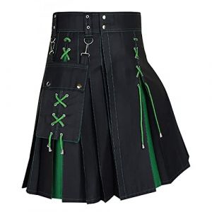 Kilt utilitaire pour homme - Uni - Tartan - Jupes utilitaires - Steampunk - V&ecirc;tements gothiques &eacute;cossais - V&ecirc;tements de mariage - Kilt en cuir avec sangles en cuir, A1-vert, XXL (Nhainel, neuf)