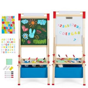 HOMASIS Chevalet Enfant Double Face, Tableau Blanc enfant R&eacute;glable en Hauteur avec Tableau craie et Papier Dessin, pour les Enfants de 3 &agrave; 8 ans avec Sac de Rangement, 44x40x102-126cm (Homasis, neuf)