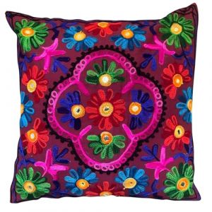 Housses de Coussin Décoratif Brodé Mandala Floral Ethnique Boho Couvre-Lit Taie d'oreiller, Housse Bohème Colorée Lumineux pour Canapé Canapé, Accent Fait Main Chambre Salon, 16x16 Pouces (40x40 cm) (kikan's, neuf)
