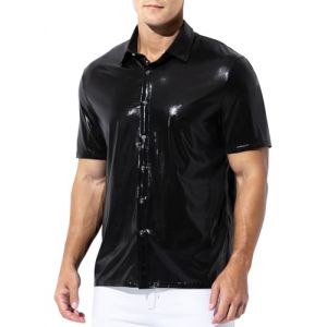 Casey Kevin Chemise Paillette Homme Métallique Brillante T-Shirts à Manches Courtes Disco Costume Fête Costume Haut Sequin (Casey-Kevin, neuf)