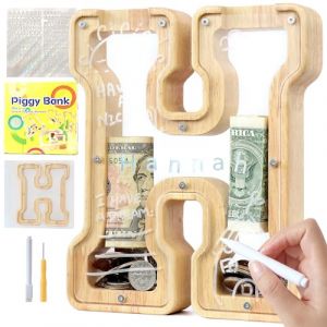 Lakpopya Tirelire en Bois pour Enfant Tirelire Cochon Personnalis&eacute;e de Lettres A &agrave; Z Tirelire Billet Transparente Cr&eacute;ative pour Cadeau D&eacute;coration Bapt&ecirc;me pour Fille Garcon (H) (Never fail, neuf)