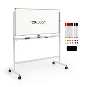 COSTWAY Tableau Blanc Effacable sur Pied 120 x 60 cm, Double Face, Tableau Magn&eacute;tique, 2 Hauteurs R&eacute;glables, 6 Marqueurs, 12 Aimants, 1 Gomme, pour &Eacute;cole, Bureau(Blanc) (FDS GmbH, neuf)