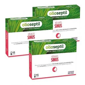 OLIOSEPTIL - Sinus - Complexe de Romarin, Niaouli, Menthe, Citron, Girofle, Ravintsara - G&eacute;lules V&eacute;g&eacute;tales L-Vcaps&reg; - Assainit les voies respiratoires - D&egrave;s 15 Ans - Lot de 3 (Parabio Sant&eacute;, neuf)