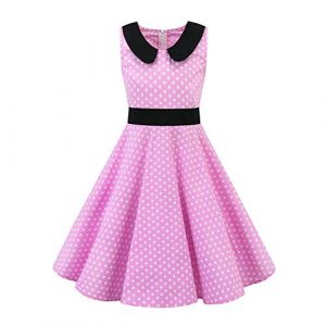 IWEMEK Robe C&eacute;r&eacute;monie Vintage Fille Enfant Robe Rockabilly Ann&eacute;e 50/60 Retro &agrave; Pois Polka Dot Floral Robe Pin Up de Soir&eacute;e F&ecirc;te Cocktail No&euml;l Mariage A-Ligne Midi #Pois Rose 9-10 Ans (IWEMEK, neuf)