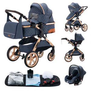 GLOKID Poussette 3 en 1，Poussette Canne，Trio，Avec Siège Accessoires，Adaptateurs Universels，Landau Bébé jusqu'à 25 kg，4 roues avec amortisseurs，Nacelle，Grandes Roues，pliage d'un clic (XX1 Bleu) (EUCHILDREN, neuf)