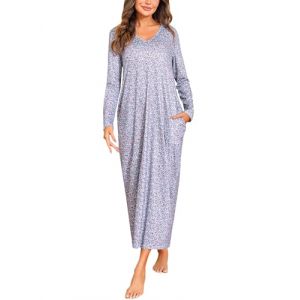 Sykooria Chemise de Nuit Femme Longue Chemise de Nuit Femme Hiver Robe de Nuit Femme Coton Chemise de Nuit Manche Longue avec Poche Peignoir de Bain Taille Grande Imprimé Violet XXL (CHONGREN-EU, neuf)