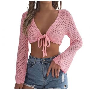 Generisch Boléro élégant pour femme - Cardigan court sexy à manches longues - Cardigan Cover Up - Veste boléro festive à lacets - Été léger et fin - Col en V - Crochet - Crop top - Cardigan court, O (Bule-shoeie, neuf)