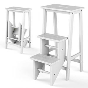 COSTWAY Tabouret Escabeau en Bois d'H&eacute;v&eacute;a Pliant, Marchepied 3 Marches, Escabeau Multifonctionnel avec Marches R&eacute;versibles, Portable, 57 X 41 X 76 cm (Blanc) (FDS GmbH, neuf)
