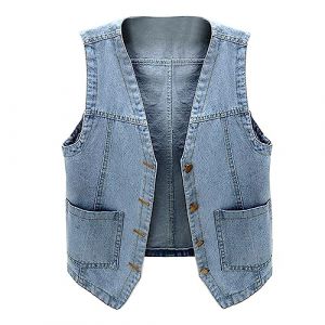 KBOPLEMQ Gilet en jean classique pour femme - Sans manches - Avec bouton - Cardigan en denim - Sans manches - Coupe ajustée - Veste demi-saison - Veste de moto, bleu, XXXL (VISNA, neuf)