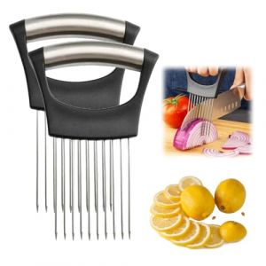 Support à tranches d'oignon en acier inoxydable, nouveau support à oignon pour trancher, coupe-citron, coupe-légumes, hachoir, outil d'aide au tranchage pour pommes de terre, tomates, oignons (2 Pcs) (CLRZOL FR, neuf)