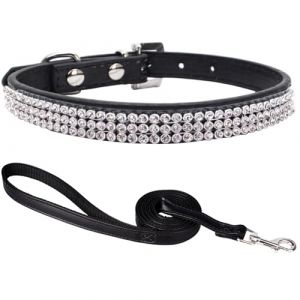 Suiecuor Collier chien petite taille, collier strass chien collier et laisse collier chien cuir collier pour chien réglable pour chiens de petite taille moyenne et grande taille Noir M (mandie, neuf)