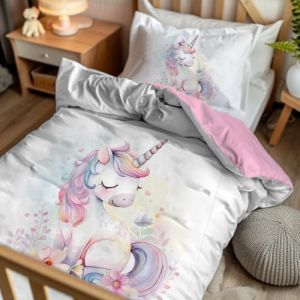 Pictogogo Parure lit bébé 2 pièces – Housse Couette 80 x 120 + taie 40 x 60 – Motif Licorne Aquarelle/Revers Coton Rose – Microfibre & Coton Oeko-TEX – Fermeture éclair – lit à barreaux (PersonaliseDog, neuf)