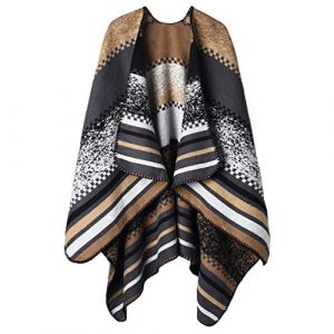 OOPOR Poncho Ch&acirc;le R&eacute;tro Ouvert Femme - Plaid Imprim&eacute; Tricot Pull Manteau Gilet Large Long Pancho Tartan Style Capuche Chaud Grand Polaire Cape Veste Foulard Ponchos Echarpe Automne Hiver Ethnique (EternalOne, neuf)