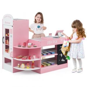 COSTWAY Épicerie Enfants en Bois avec 15 Accessoires & Distributeur Automatique, Marchande Enfants avec Caisse Enregistreuse Réaliste & Tableau Noir, Jeu d’Imitation pour Enfants de 3-8 Ans (Rose) (FDS GmbH, neuf)