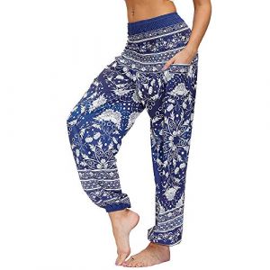 Nuofengkudu Femme Hippie Sarouel Harem Thai Pantalon Poches Boho Fleuri Print Taille Haute Baggy Casual Plage Leger Yoga Pants(Y-Bleu Marin,Taille Unique) (better Life, neuf)