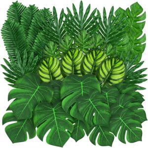 QUOZUO 50 Pièces Feuilles Tropicales Artificielles De Palmier Vert Monstera Artificielles Plantes Tropicales pour Jungle Anniversaire Hawaïen Décorations (Jingfeng Store, neuf)