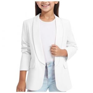 Veste de Costume pour Fille à Manches Longues Blazer élégant avec col châle Ouverture sur Le Devant Poche intérieure Veste habillée pour Enfants Tunique Noire pour cérémonie école (White, 7-8 Years) (AncientCrab, neuf)
