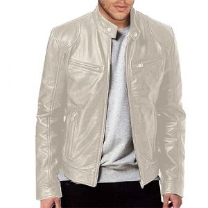 Veste en cuir PU pour homme, noir, couleur unie, blouson de motard, chaud, coupe-vent, avec poches, pour les sports de plein air, style vintage, argenté, M (發財rich EU, neuf)