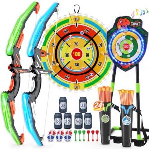 HYES 2 Pack Arc et Fl&egrave;che avec 29" Lumineux Dart Board, Dinosaure Tir &agrave; l'arc avec Fl&egrave;ches &agrave; Ventouse, Debout Feuille Cible, Score Cibles, Jouet d'Int&eacute;rieur et d'Ext&eacute;rieur Cadeaux pour Gar&ccedil;ons Filles (Huiyetoys, neuf)